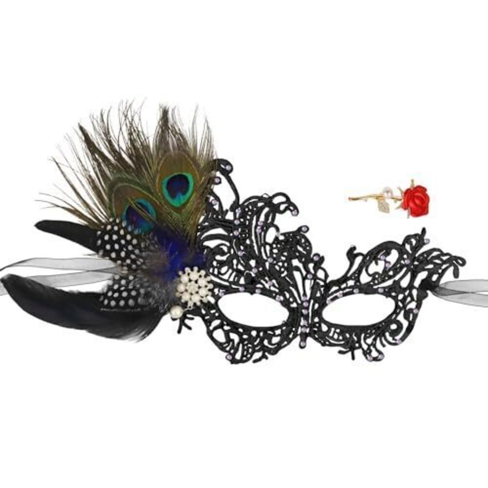 3077 Masquerade Mask Feather Lace Mask with Brooch Shiny Rhinestone